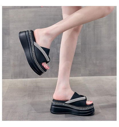 Elegance Rhinestone Leather Platform Slippers