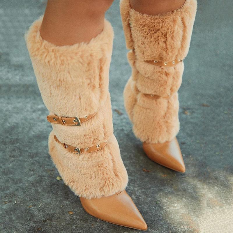 Fluffy Buckle High-Heel Long Boots