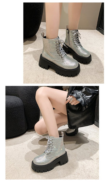 Shine Rhinestone Leather Casual Ankle Boots