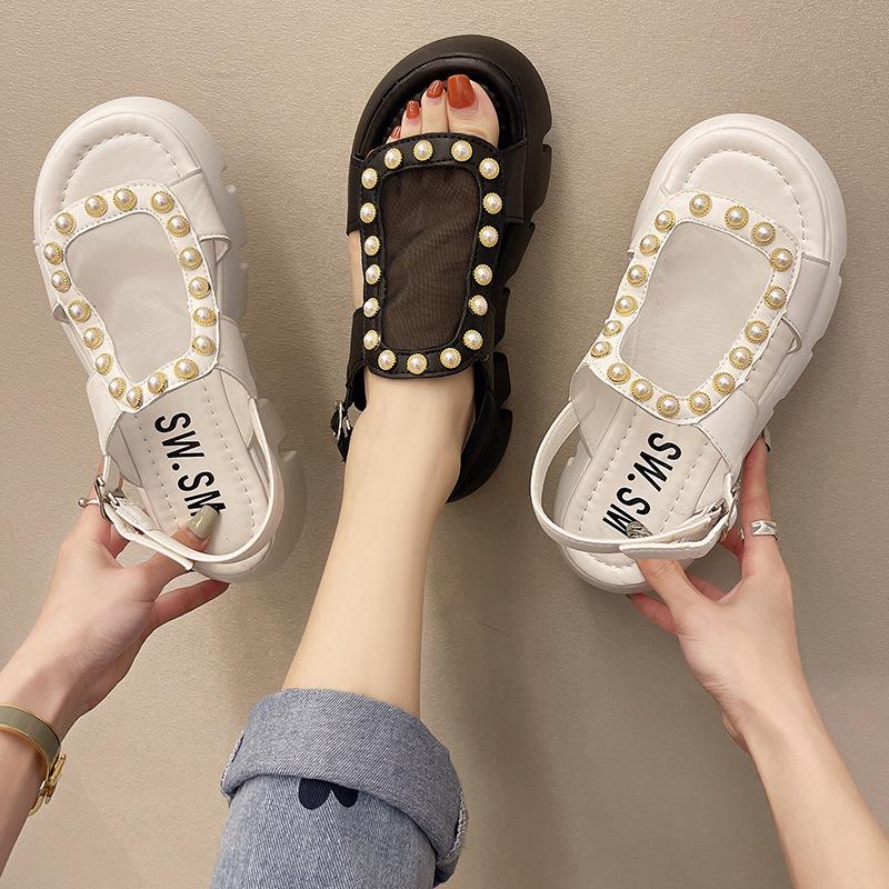 Pearl Leather Wedges Casual Sandals