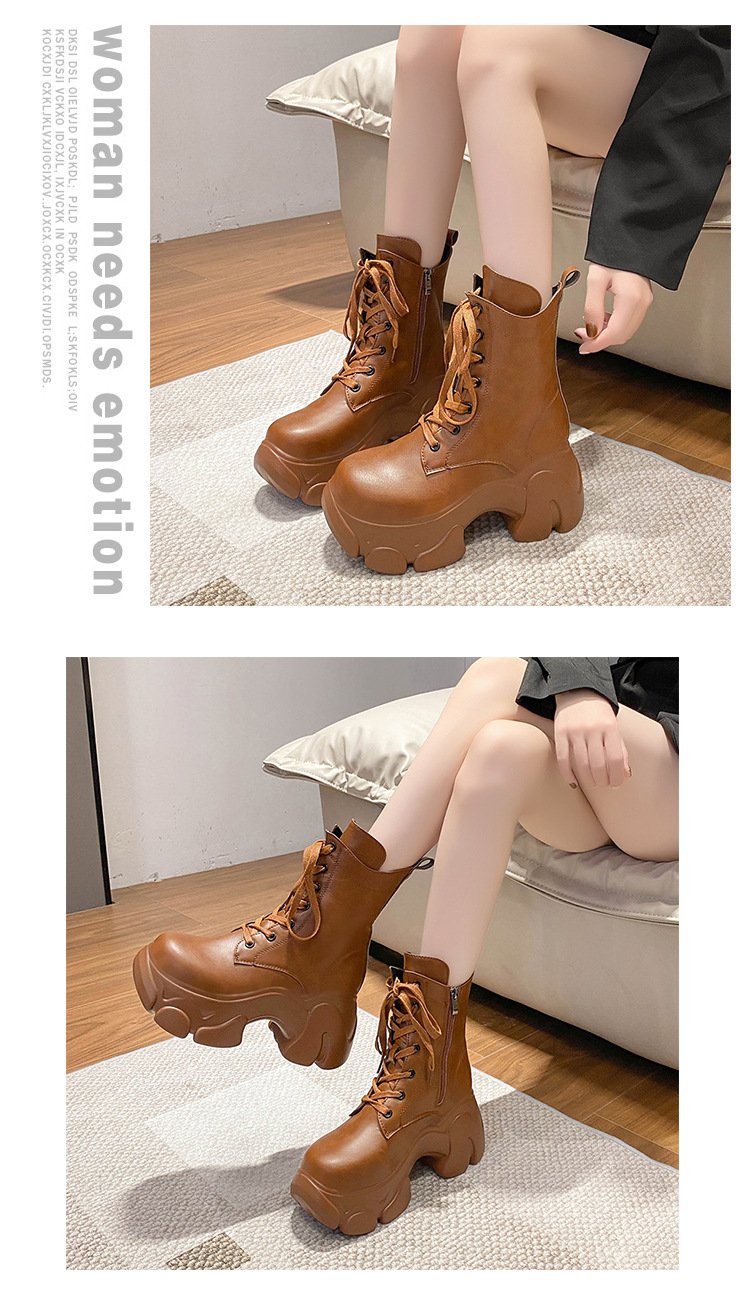 Wedge Retro Leather Lace-Up Chunky Boots