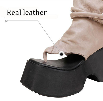 Clip Toe Leather Wedges Vintage Zipper Shoes