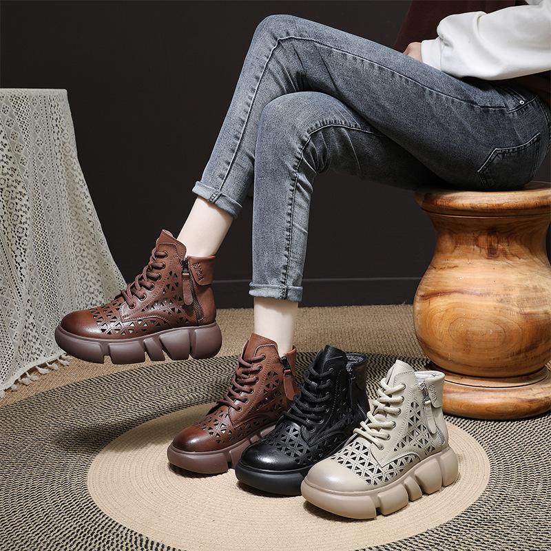 Cowhide Vintage Leather Perforated Boots