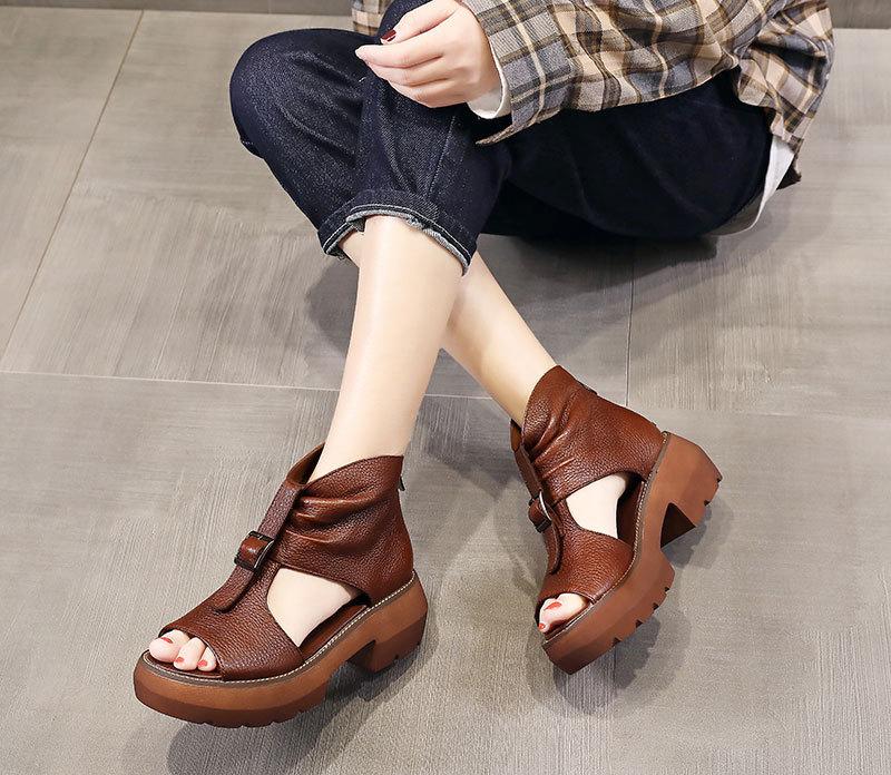 Fish Mouth Vintage Leather Roman Sandals