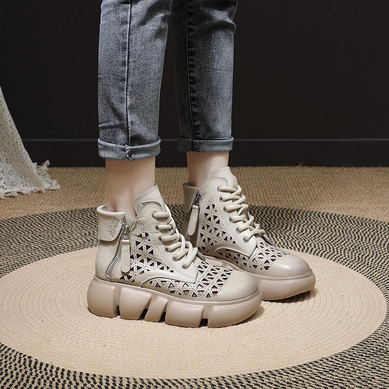 Cowhide Vintage Leather Perforated Boots