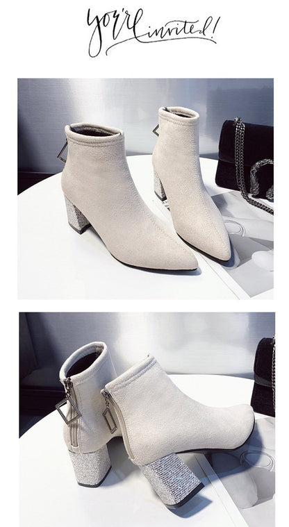 Versatile Rhinestone Chunky Heel Boots