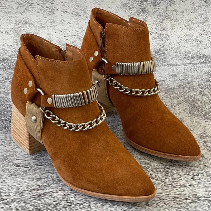 Buckle-Heeled Pointed Ankle Boots