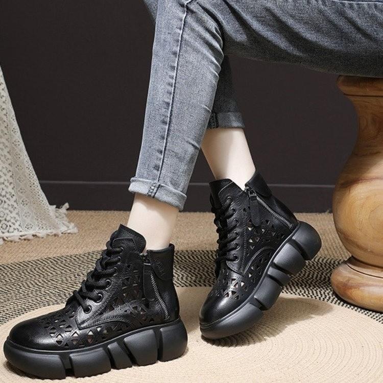 Cowhide Vintage Leather Perforated Boots