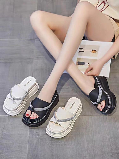 Elegance Rhinestone Leather Platform Slippers