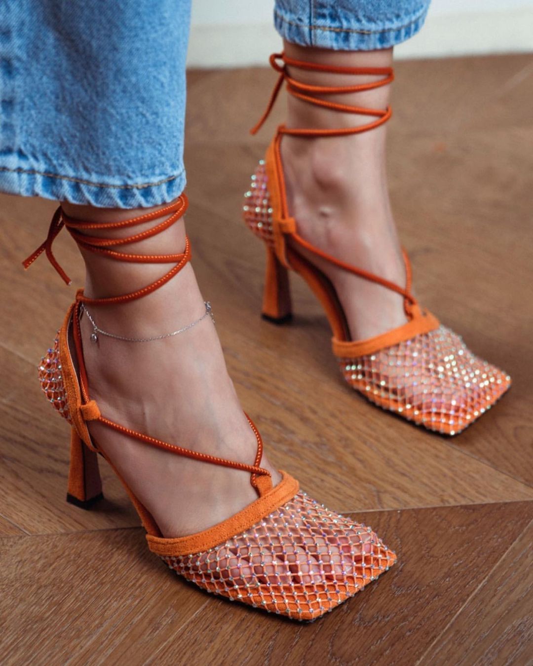 Mesh Square Head Heeled Roman Sandals