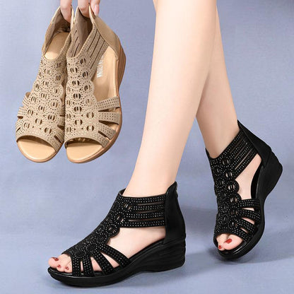 Rhinestone Slope Heel Open-Toe Sandals