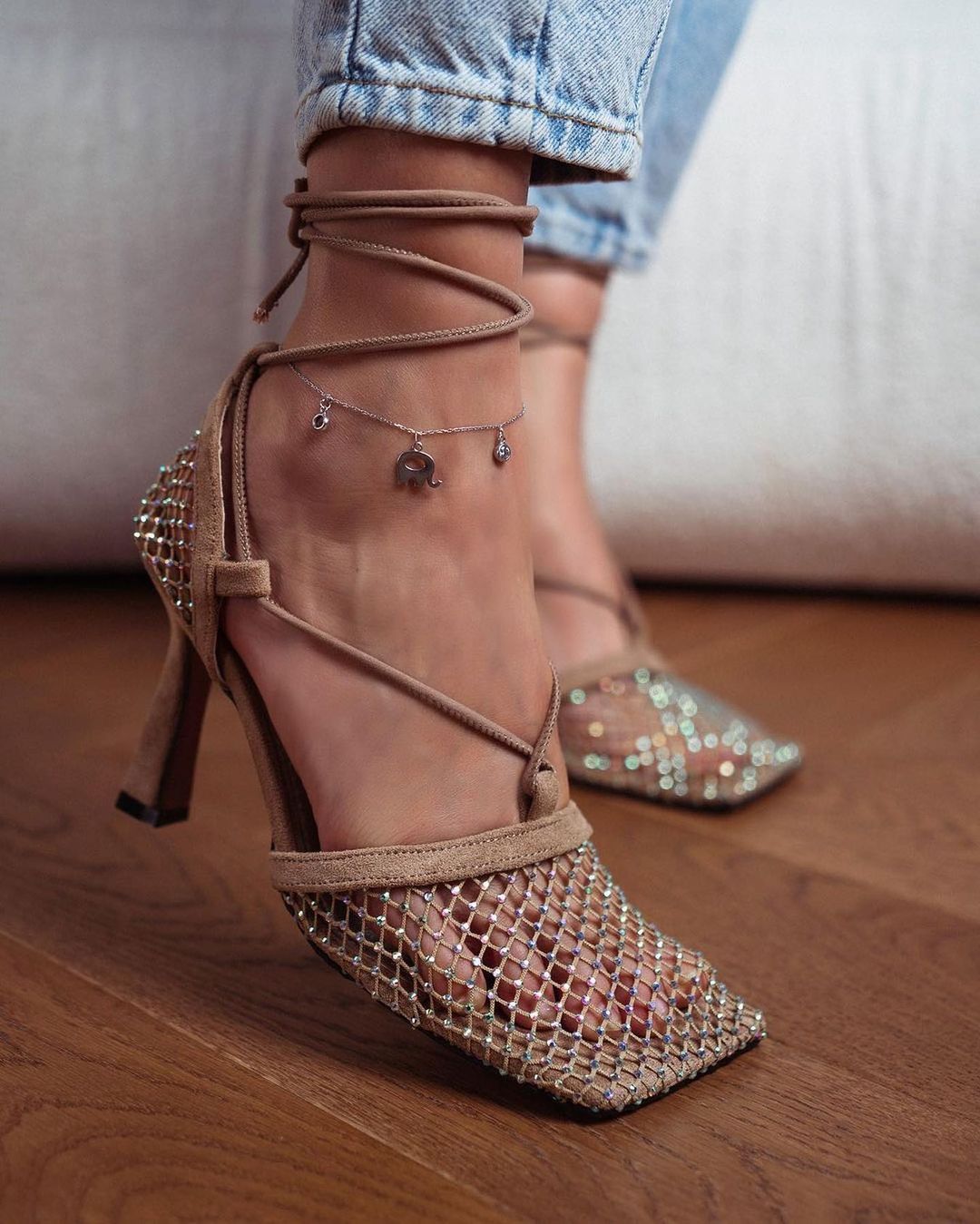 Mesh Square Head Heeled Roman Sandals