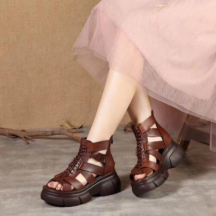 Comfortable Leather Retro Chunky Rocking Sandals