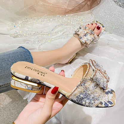 Color Pearl Coarse Heel Rhinestone Slippers