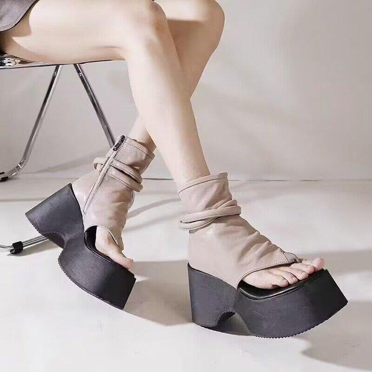 Clip Toe Leather Wedges Vintage Zipper Shoes