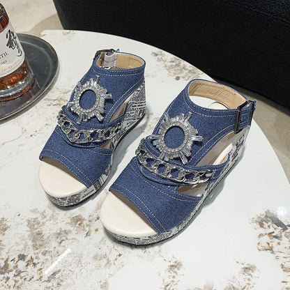 Rhinestone Gear Pattern Wedge Sandals