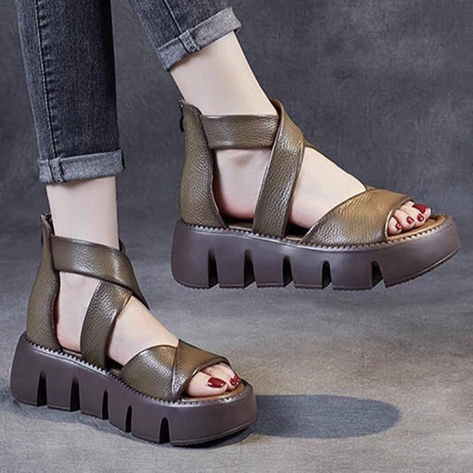 Handmade Cross Cow Leather Wedges Sandals