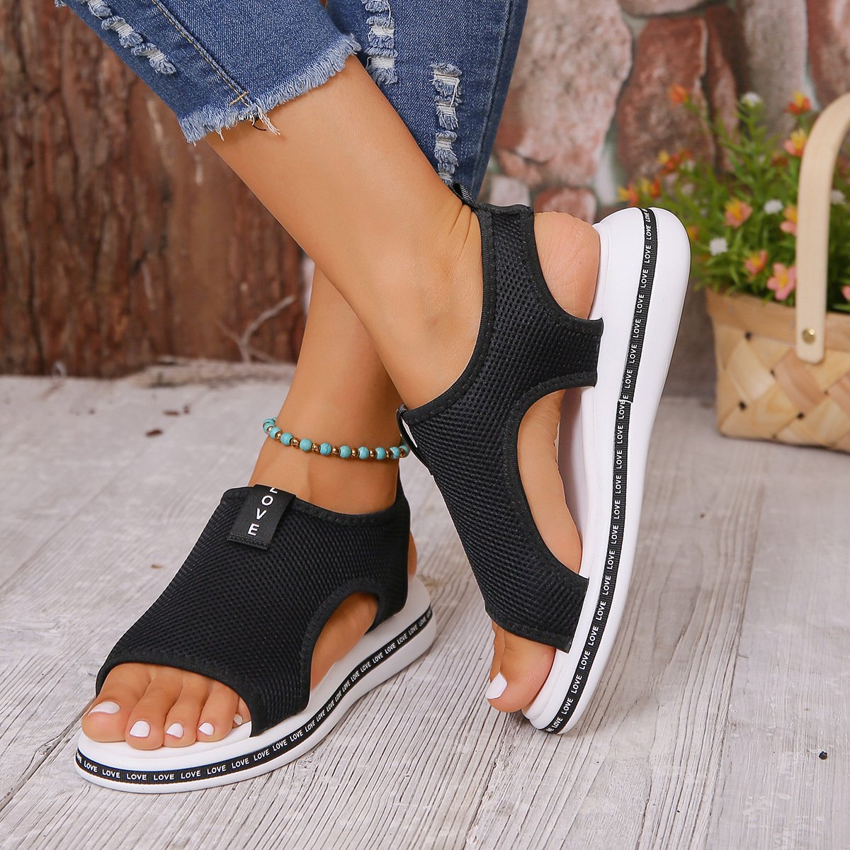 Letter Breathable Hollow Sandals