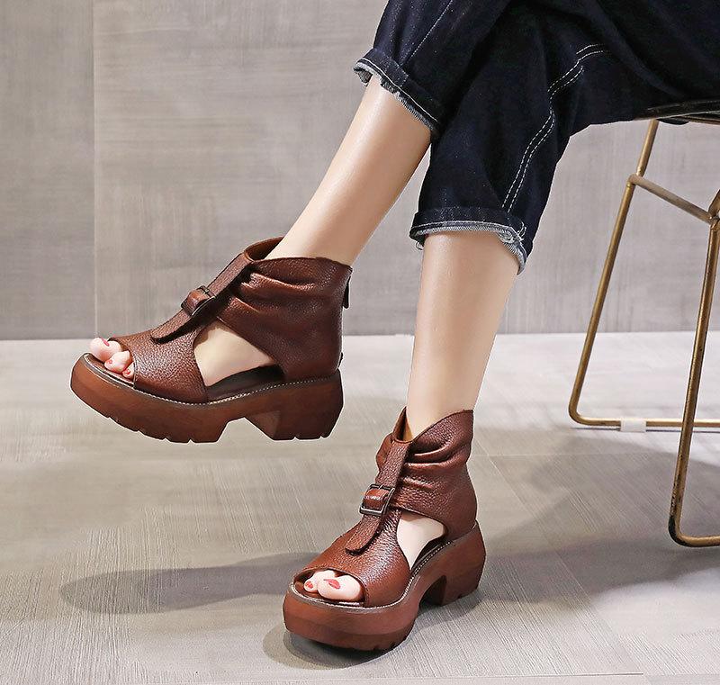 Fish Mouth Vintage Leather Roman Sandals