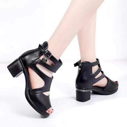 Thick Heel Hollow Fish Mouth Sandals