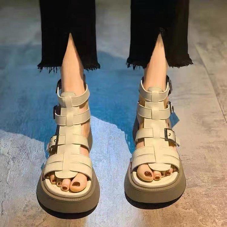 Leather Heightening Casual Hollow Zipper Sandals