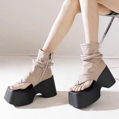 Clip Toe Leather Wedges Vintage Zipper Shoes