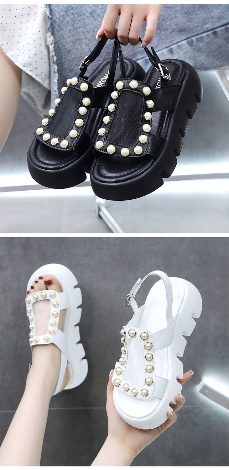 Pearl Leather Wedges Casual Sandals