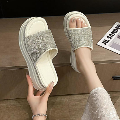 Platform Casual Thick-Sole Rhinestone Slippers