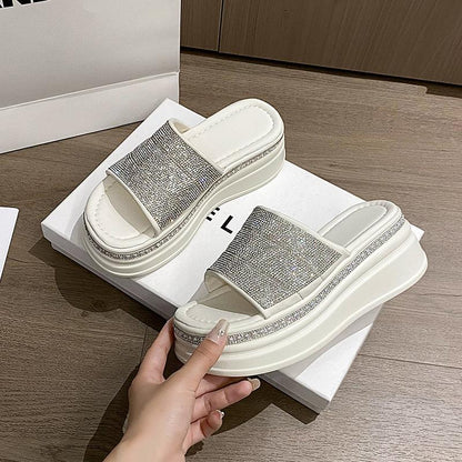 Platform Casual Thick-Sole Rhinestone Slippers