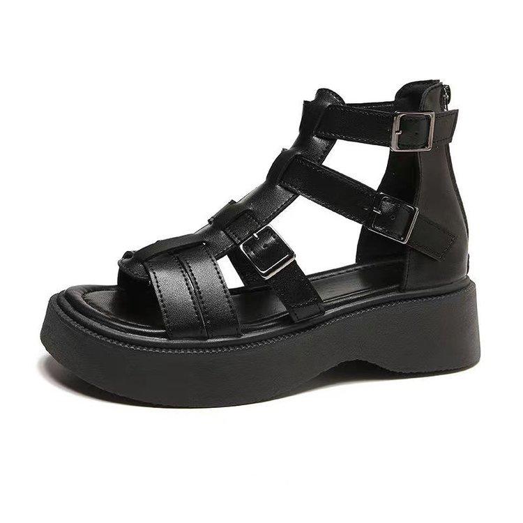 Leather Heightening Casual Hollow Zipper Sandals