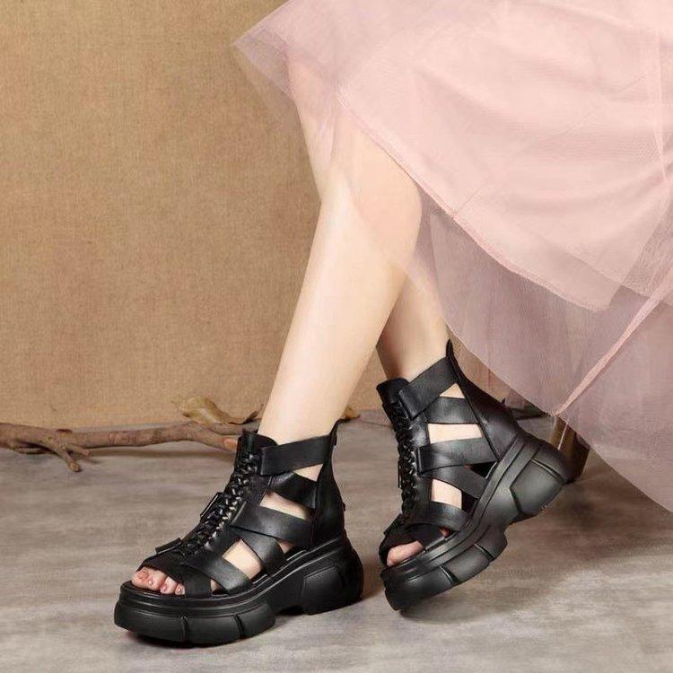 Comfortable Leather Retro Chunky Rocking Sandals