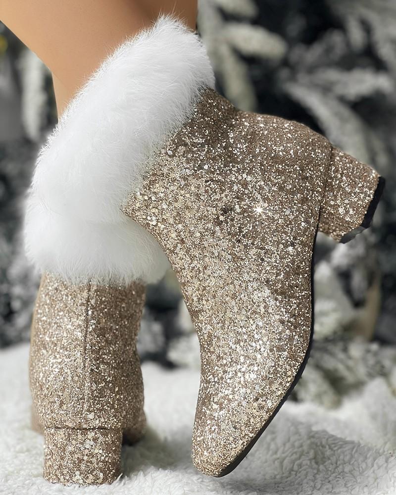 Christmas Sequin Zip Up Pointed Thick Heel Ankle Boots