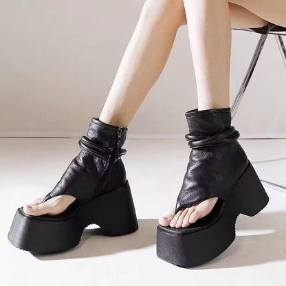 Clip Toe Leather Wedges Vintage Zipper Shoes