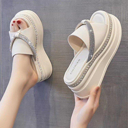 Elegance Rhinestone Leather Platform Slippers