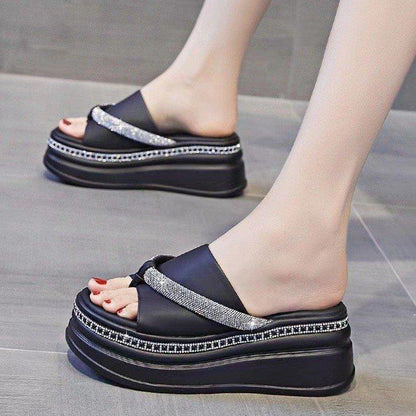 Elegance Rhinestone Leather Platform Slippers