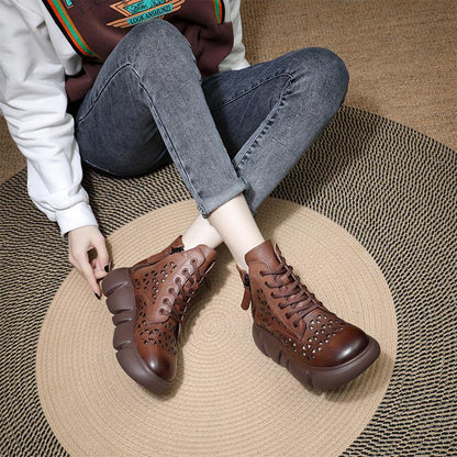 Cowhide Vintage Leather Perforated Boots