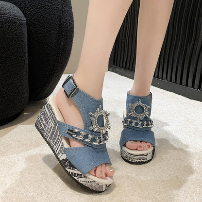 Rhinestone Gear Pattern Wedge Sandals