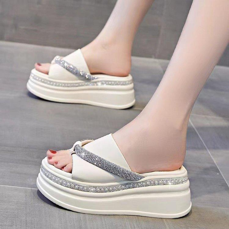 Elegance Rhinestone Leather Platform Slippers