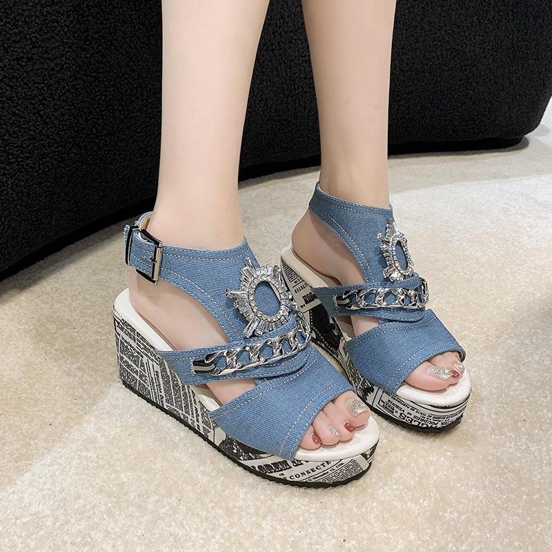 Rhinestone Gear Pattern Wedge Sandals