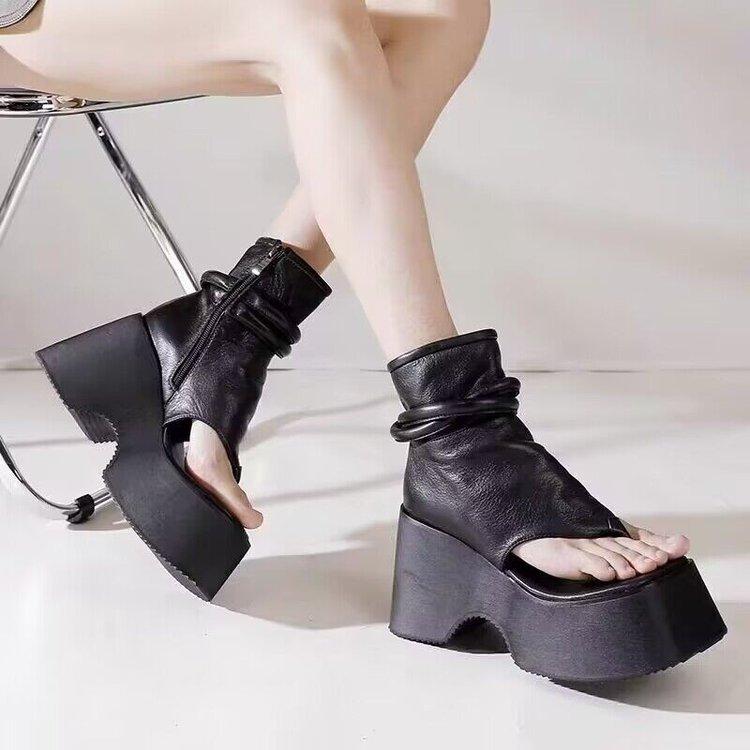 Clip Toe Leather Wedges Vintage Zipper Shoes