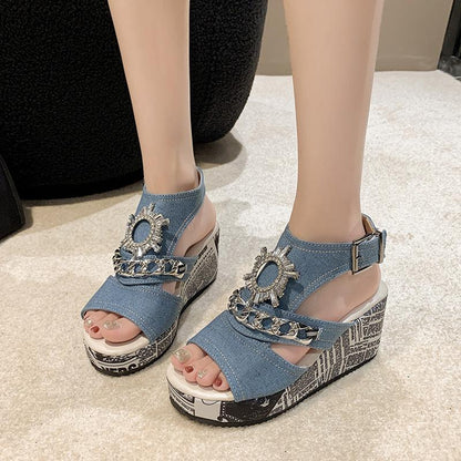 Rhinestone Gear Pattern Wedge Sandals