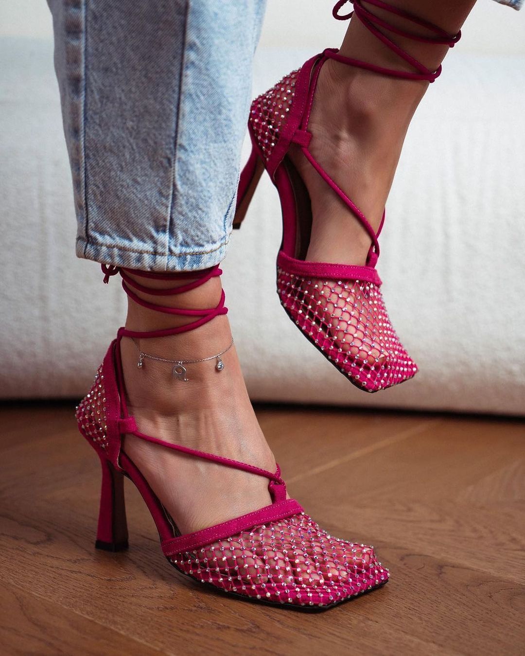 Mesh Square Head Heeled Roman Sandals