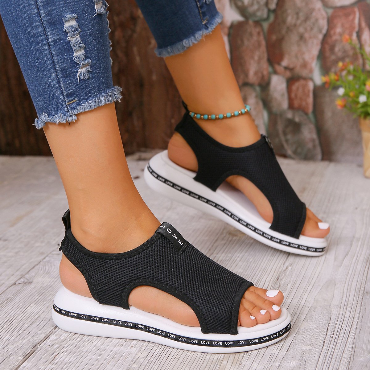 Letter Breathable Hollow Sandals