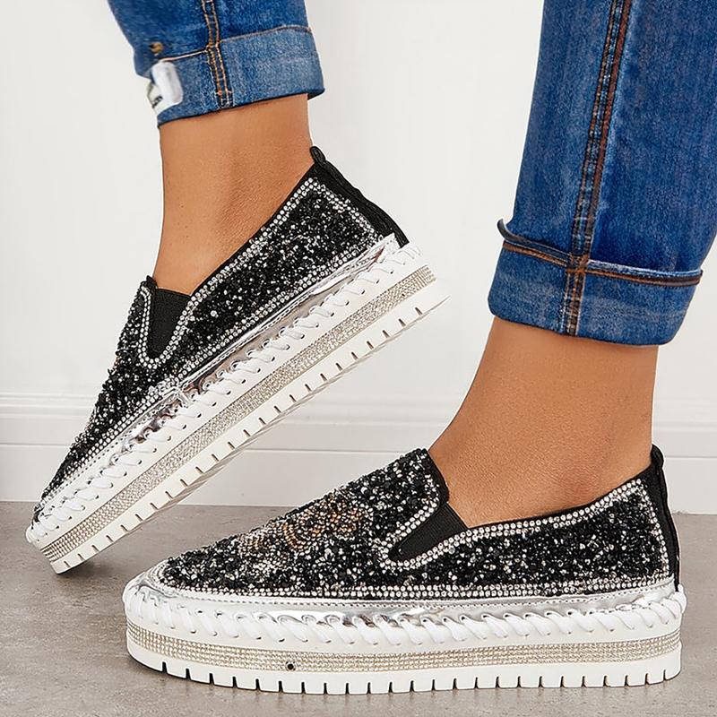 Rhinestone Sequins Bear Hand-stitched Casual Flat Shoes