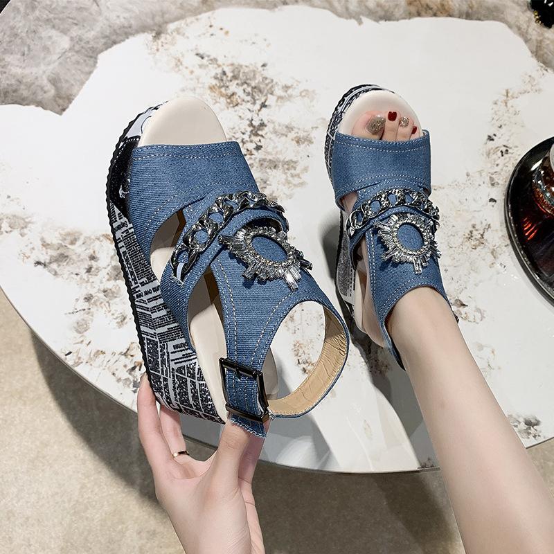 Rhinestone Gear Pattern Wedge Sandals