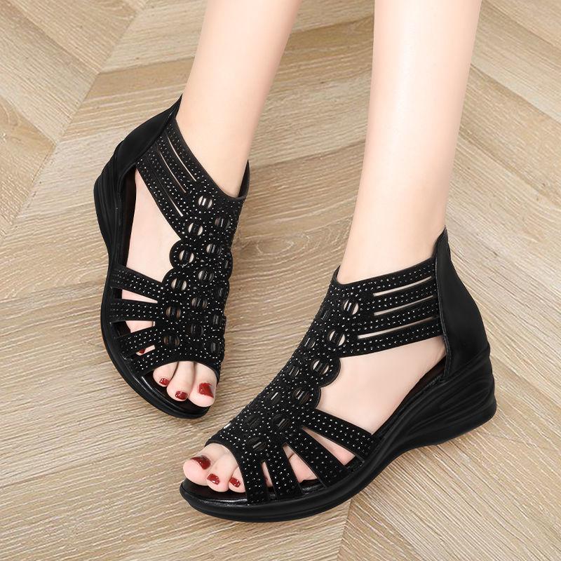 Rhinestone Slope Heel Open-Toe Sandals