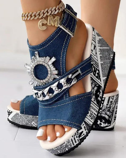 Rhinestone Gear Pattern Wedge Sandals