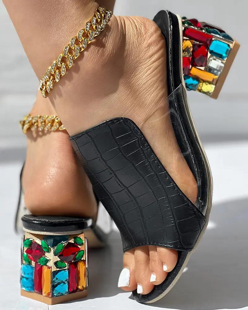 Embossed Rhinestone Chunky Heels Sandals