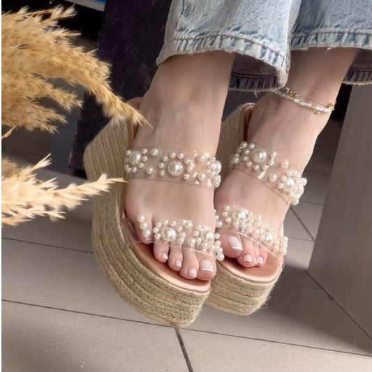 Women's Transparent Thick Sole Wedge Pearl Slippers
