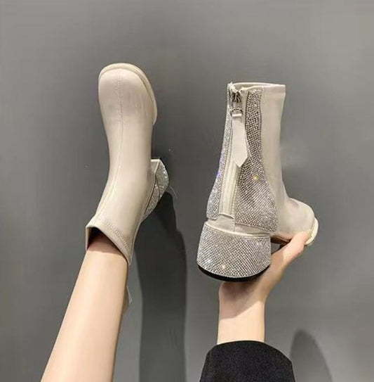 Rhinestone Leather Round Toe Boots